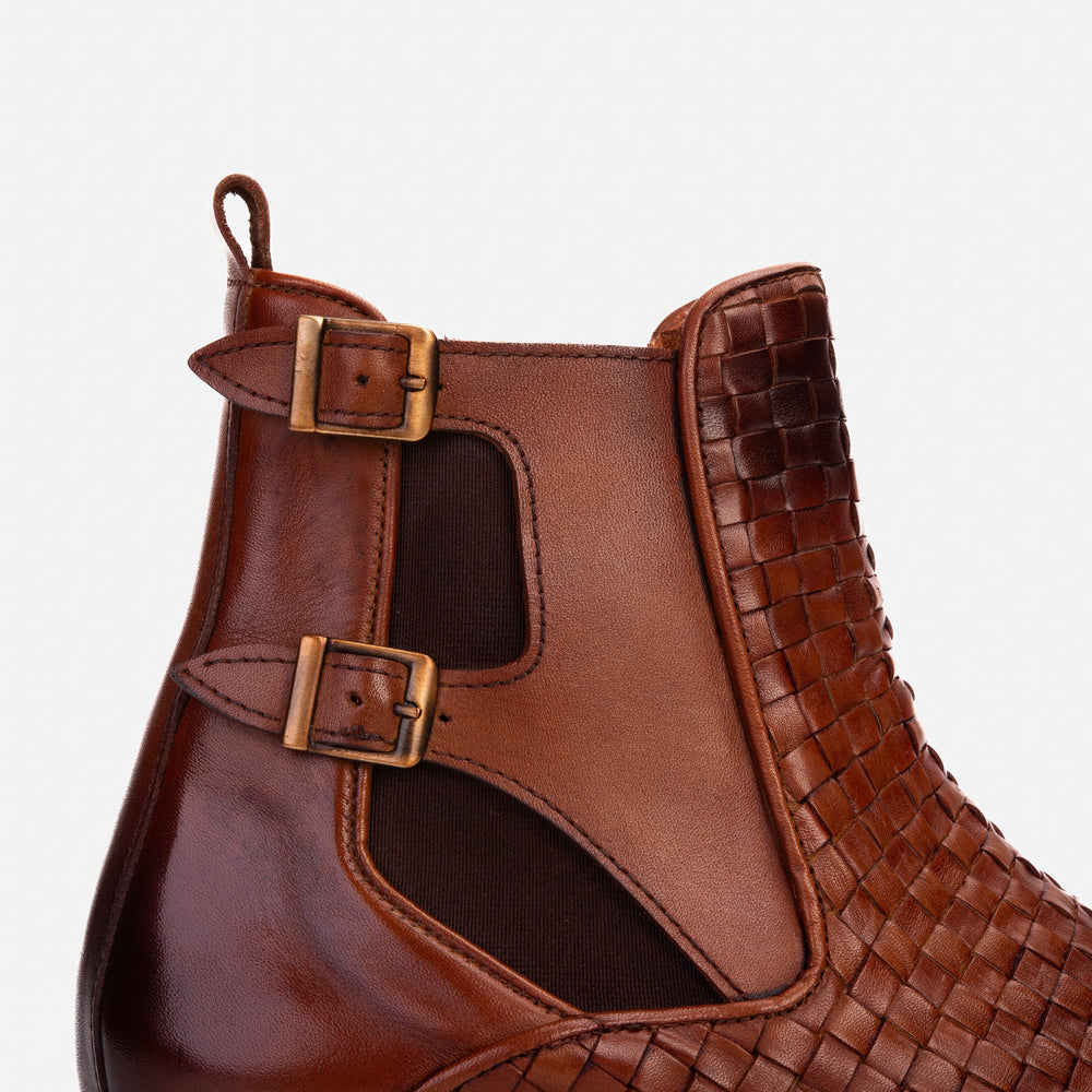 The Rolls Boot Woven Tan Leather Double Monk Strap Handmade Shoe - Vinci Leather