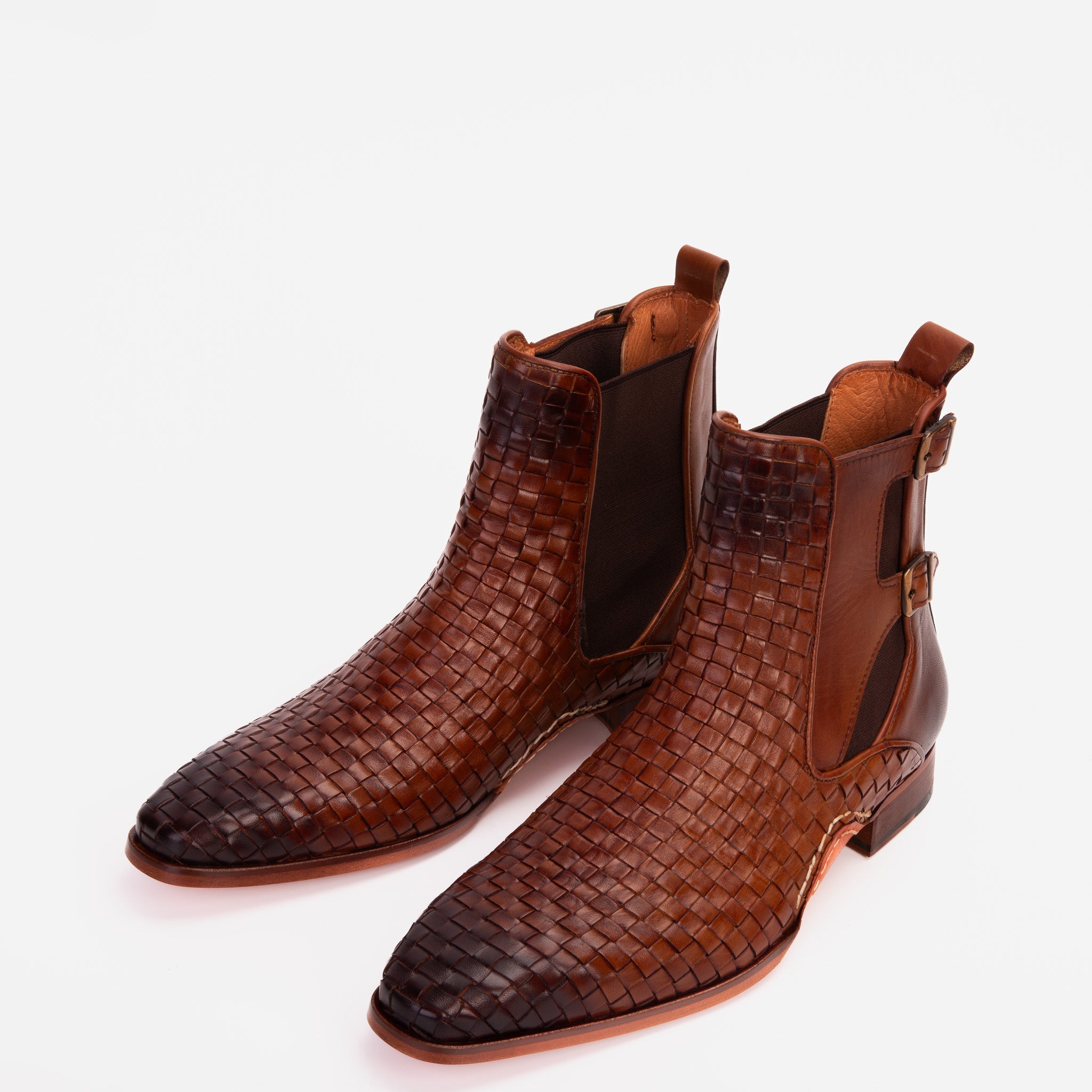 The Rolls Boot Woven Tan Leather Double Monk Strap Handmade Shoe - Vinci Leather