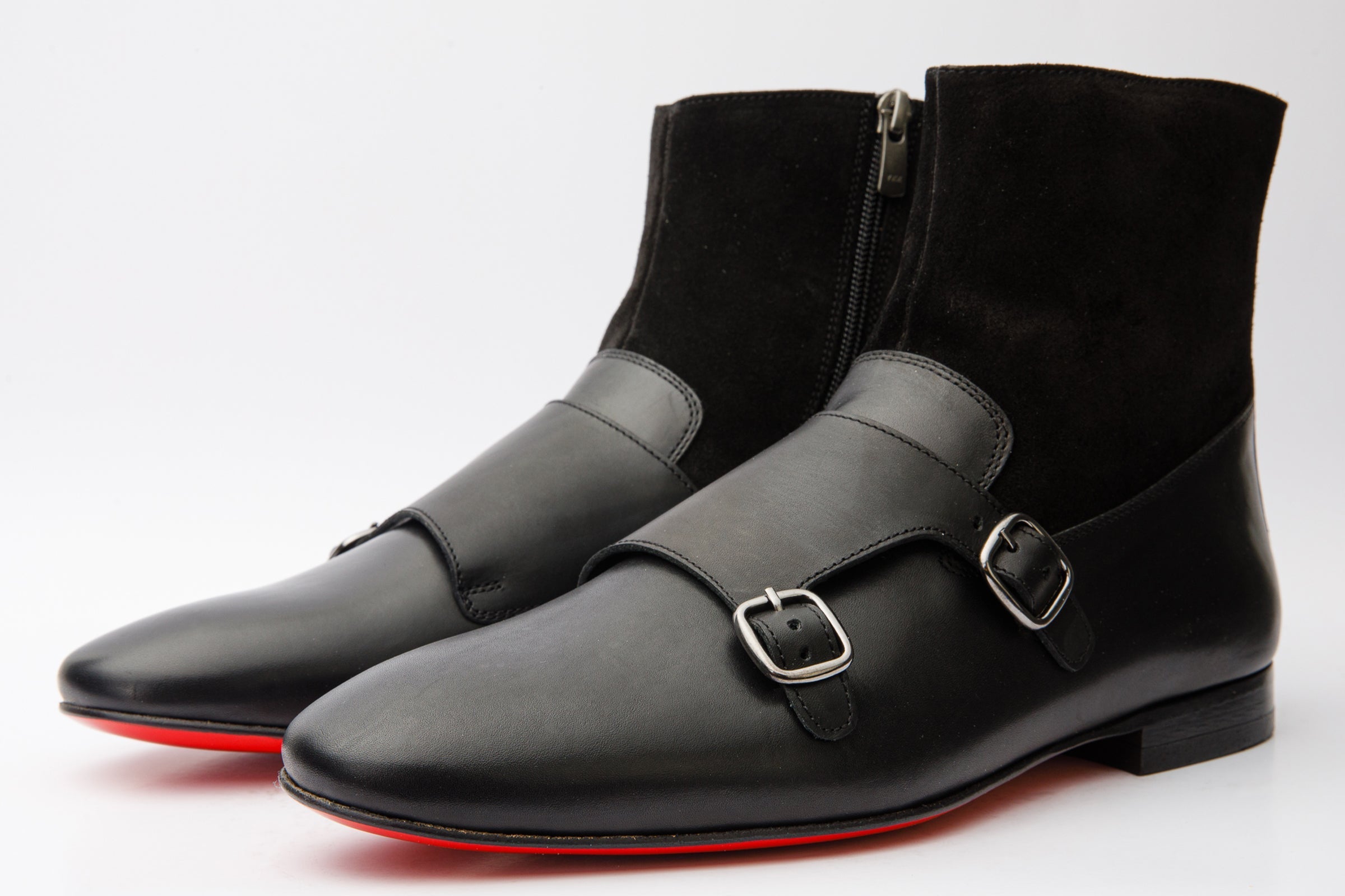 Preston Black Leather Suede Double Monk Strap Ankle Boot - Vinci Leather