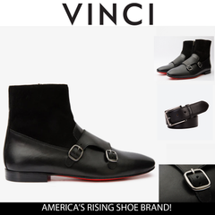 Preston Black Leather Suede Double Monk Strap Ankle Boot - Vinci Leather