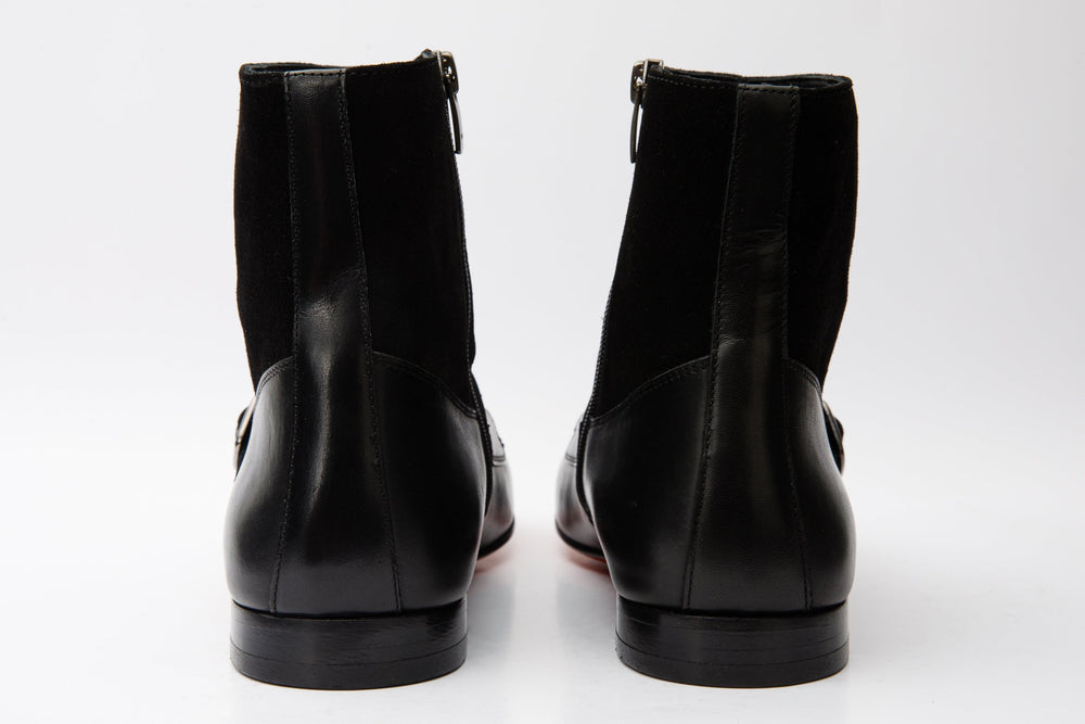 Preston Black Leather Suede Double Monk Strap Ankle Boot - Vinci Leather