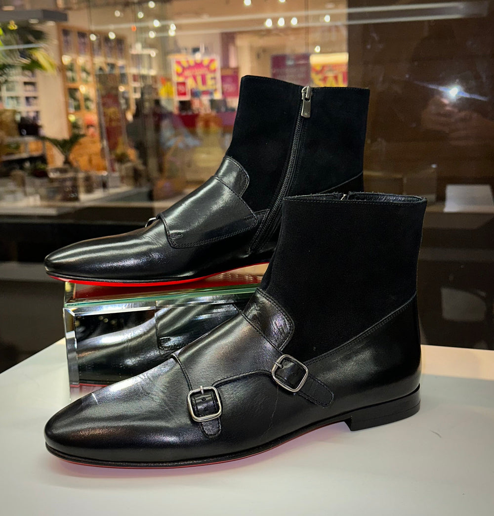 Preston Black Leather Suede Double Monk Strap Ankle Boot - Vinci Leather