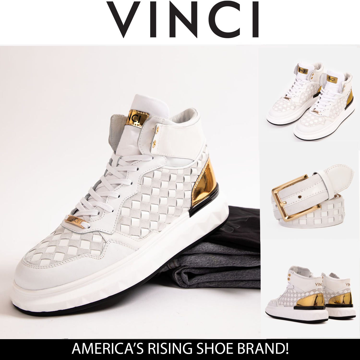 The Eugene White Gold Woven Leather High-Top Sneaker - Vinci Leather