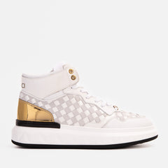 The Eugene White Gold Woven Leather High-Top Sneaker - Vinci Leather