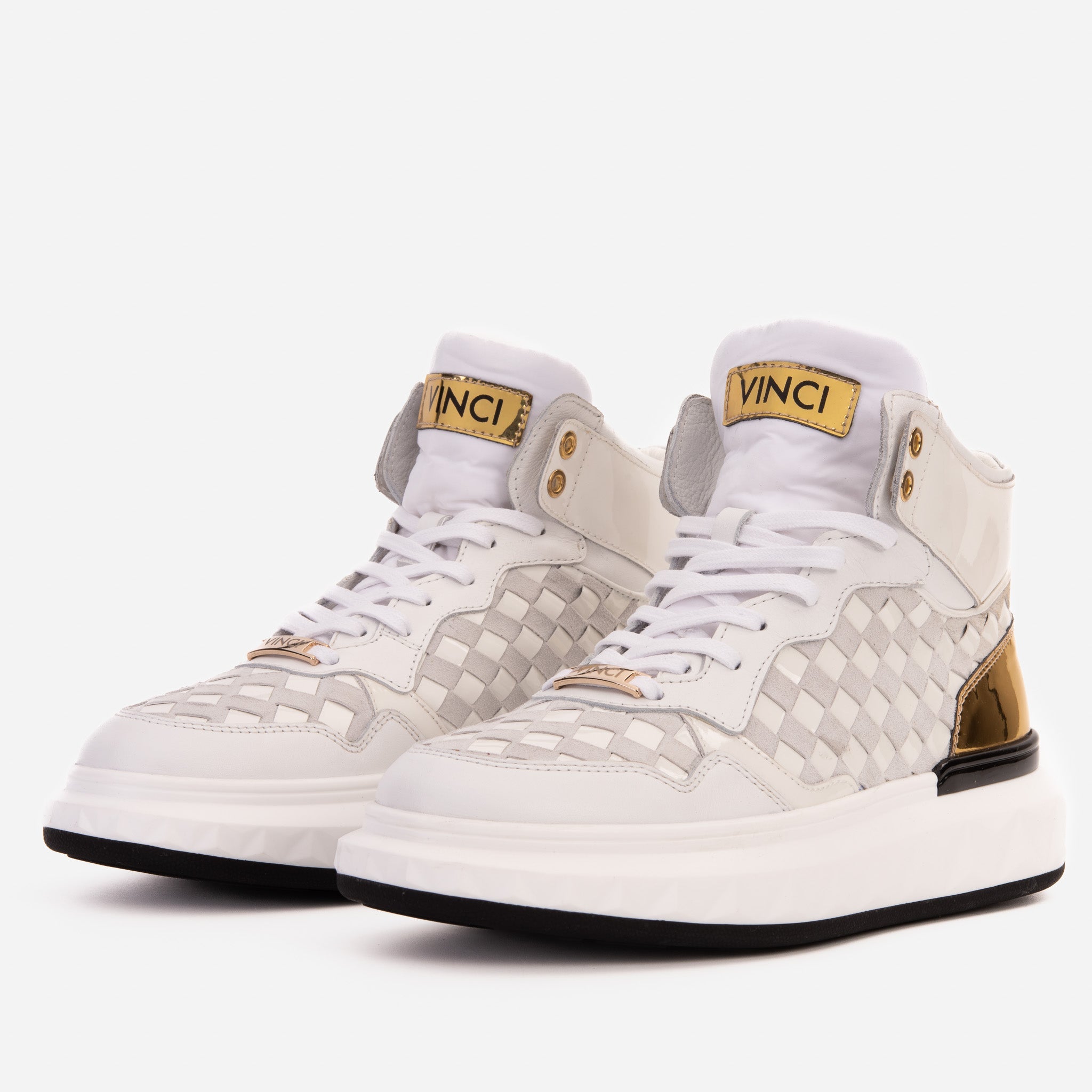 The Eugene White Gold Woven Leather High-Top Sneaker - Vinci Leather