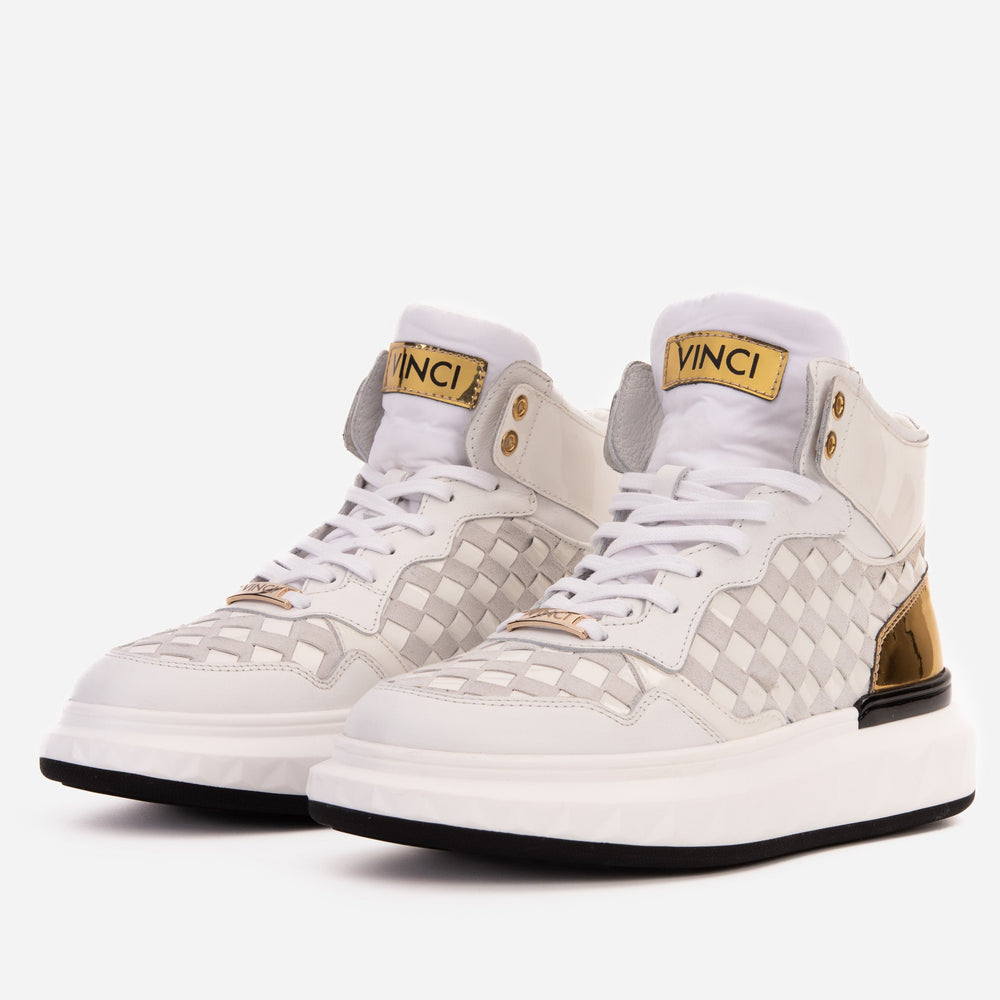 The Eugene White Gold Woven Leather High-Top Sneaker - Vinci Leather