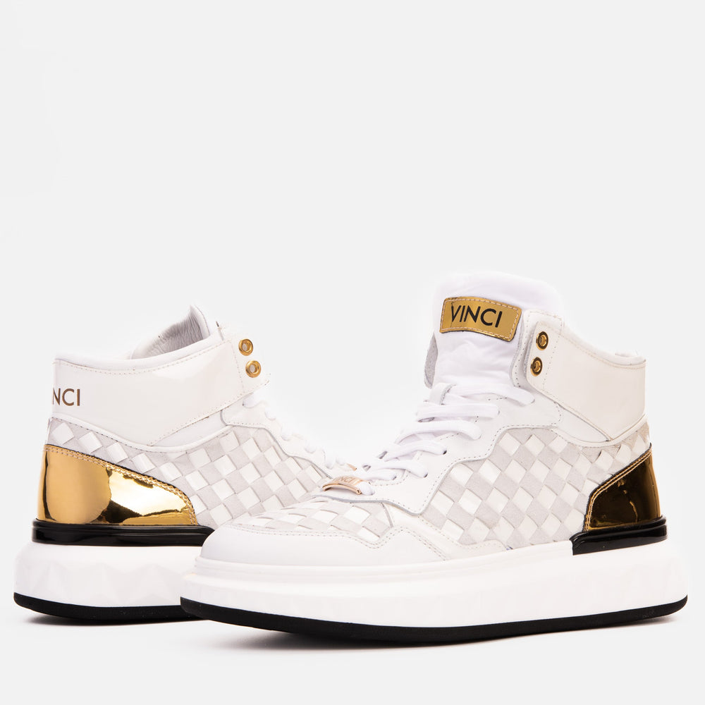 The Eugene White Gold Woven Leather High-Top Sneaker - Vinci Leather