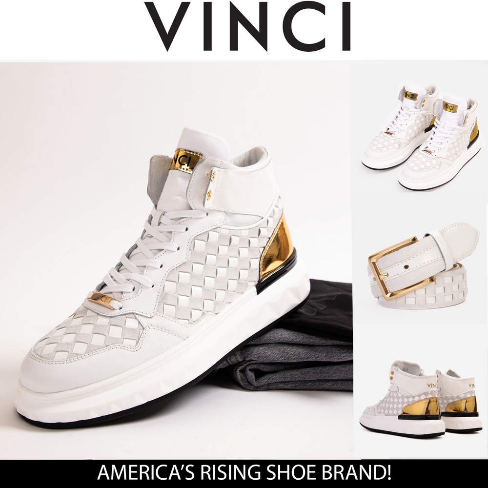 The Eugene White Gold Woven Leather High-Top Sneaker - Vinci Leather