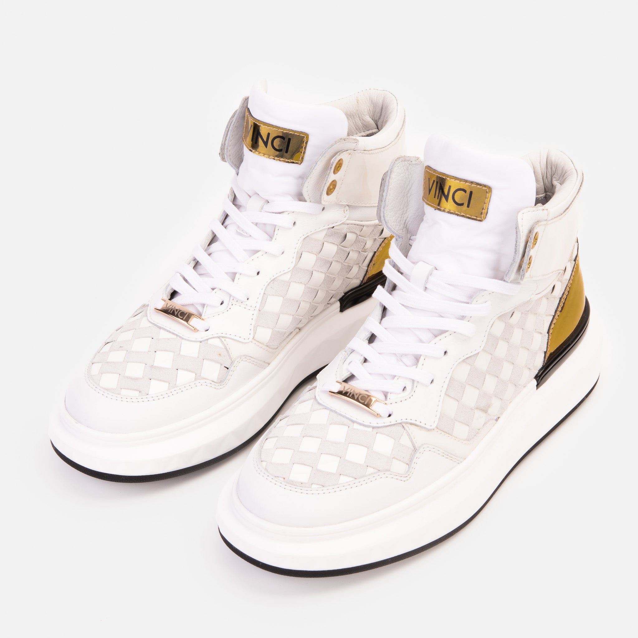 The Eugene White Gold Woven Leather High-Top Sneaker - Vinci Leather