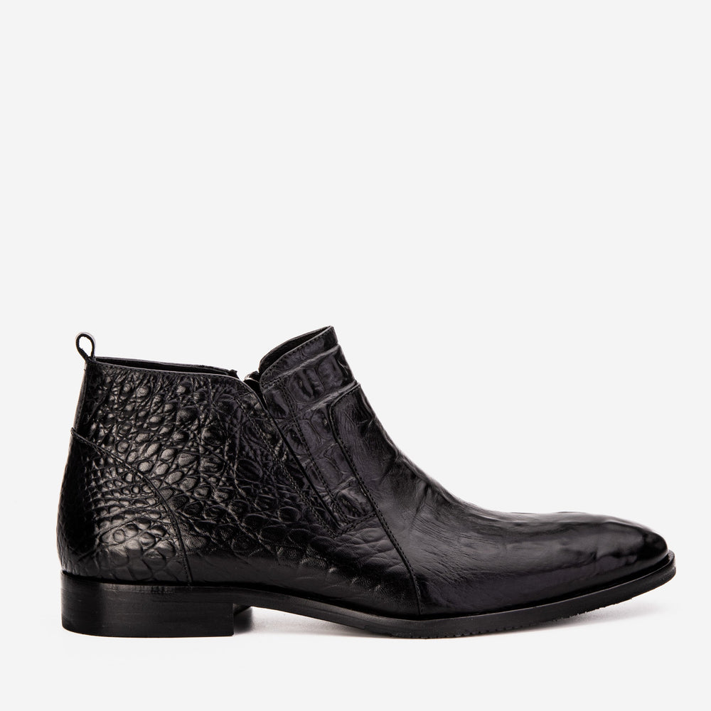 The Randor Black Crocodile Leather Side-Zip Dress Ankle Boot - Vinci Leather