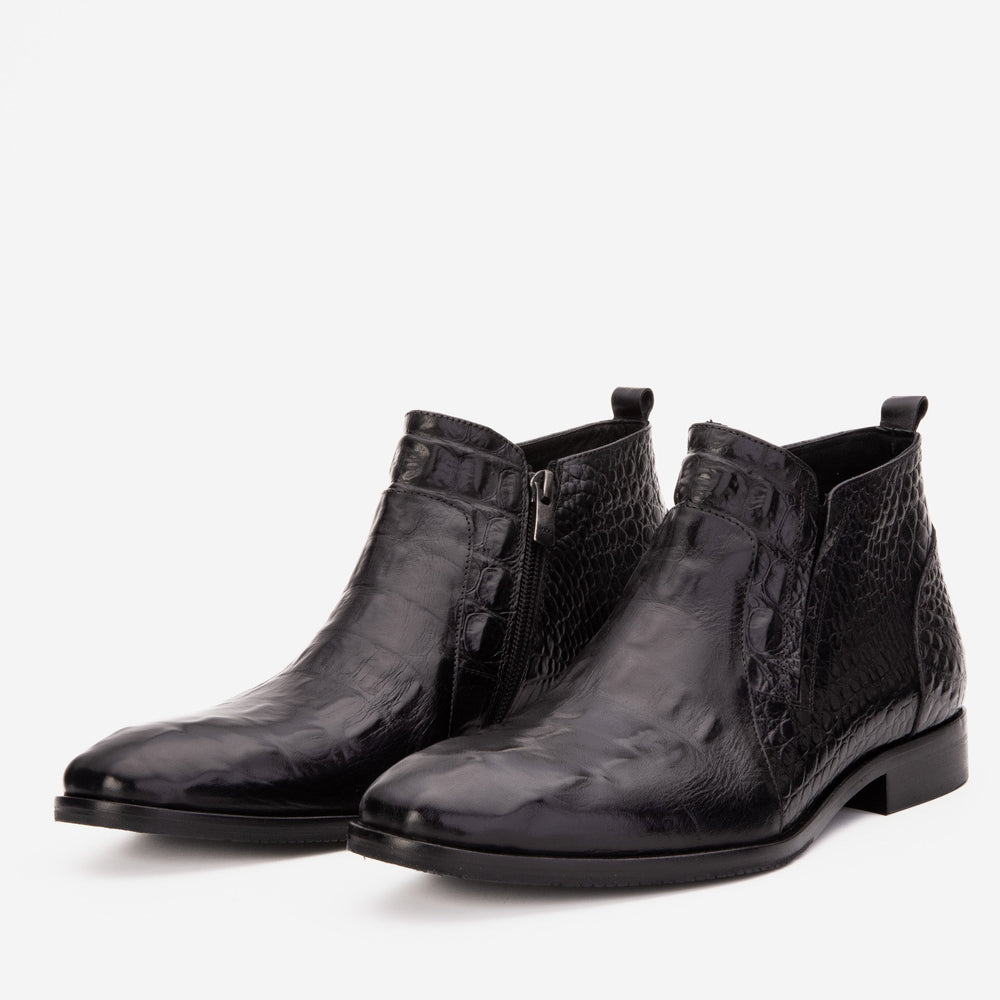 The Randor Black Crocodile Leather Side-Zip Dress Ankle Boot - Vinci Leather