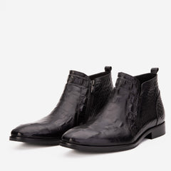 The Randor Black Crocodile Leather Side-Zip Dress Ankle Boot - Vinci Leather