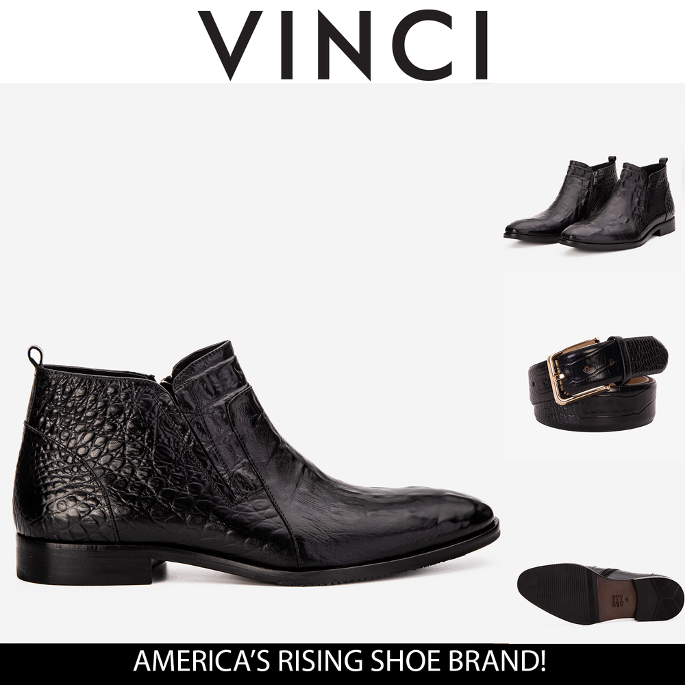 The Randor Black Crocodile Leather Side-Zip Dress Ankle Boot - Vinci Leather