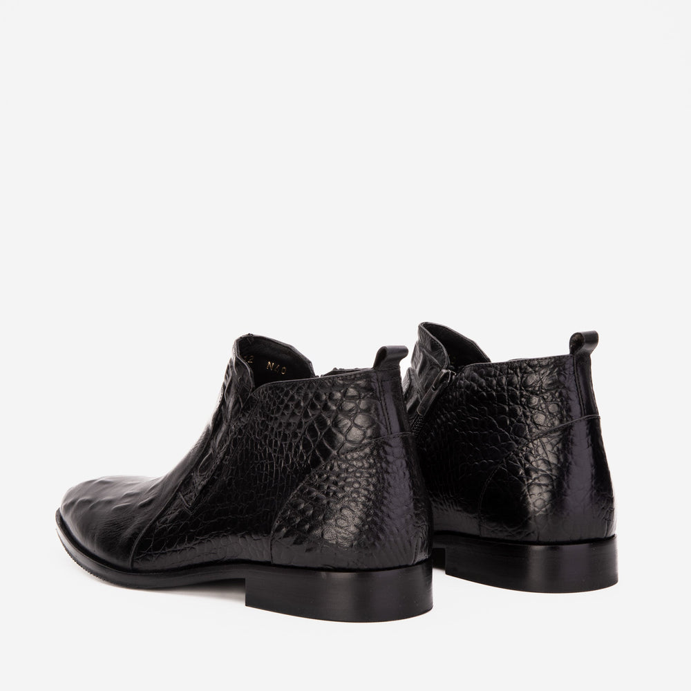 The Randor Black Crocodile Leather Side-Zip Dress Ankle Boot - Vinci Leather
