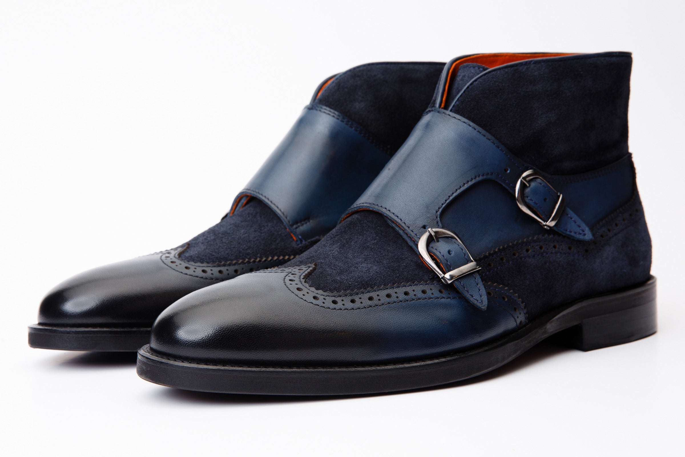 The Albus Navy Blue Leather Suede Double Strap Monk Brogue Boot - Vinci Leather