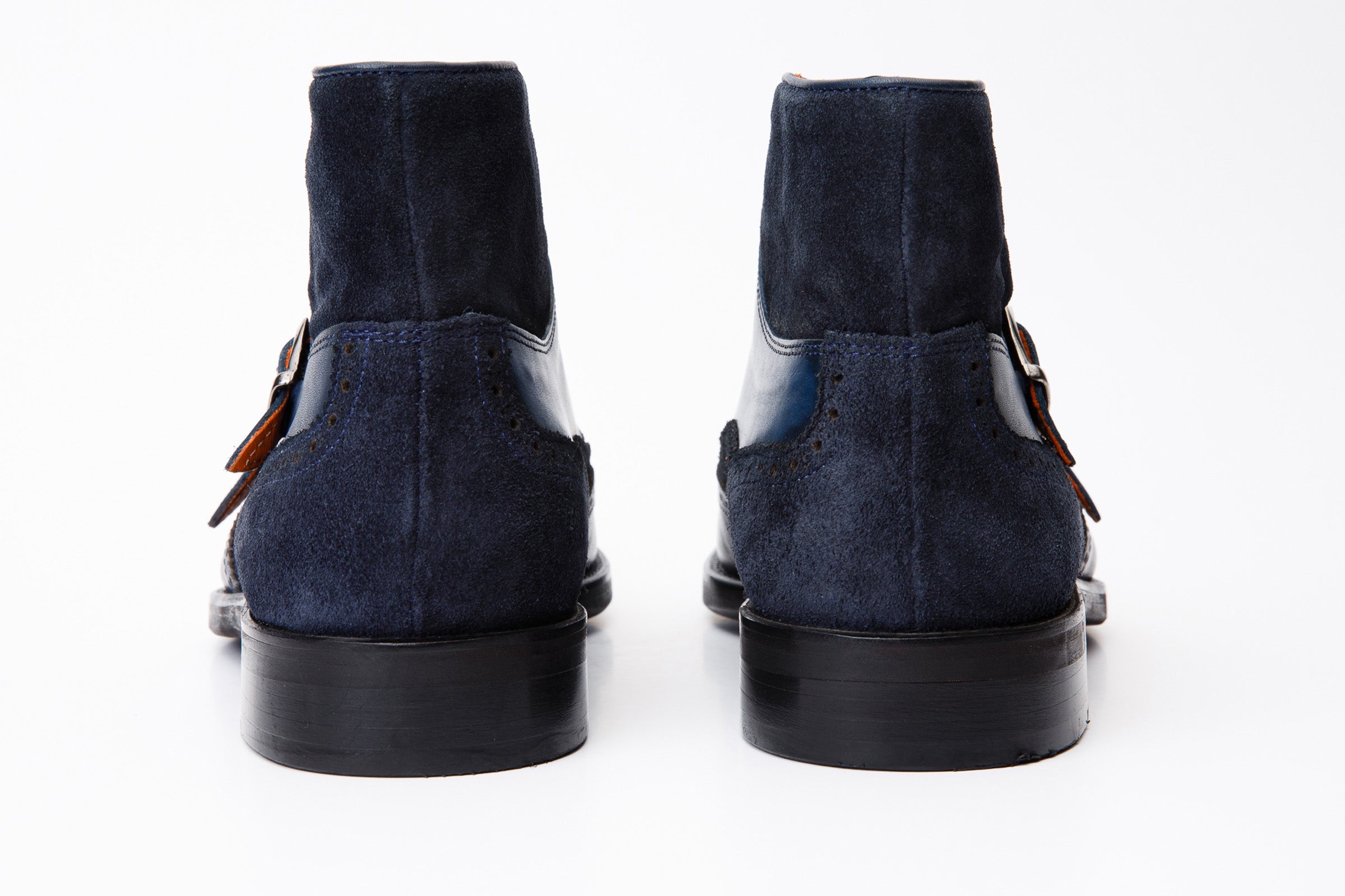 The Albus Navy Blue Leather Suede Double Strap Monk Brogue Boot - Vinci Leather