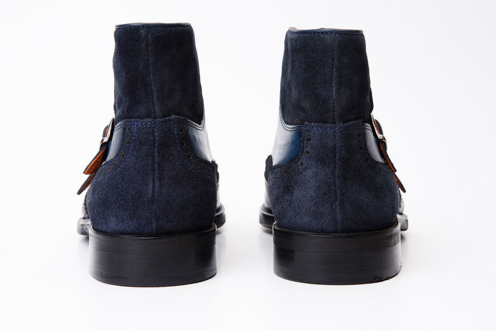 The Albus Navy Blue Leather Suede Double Strap Monk Brogue Boot - Vinci Leather