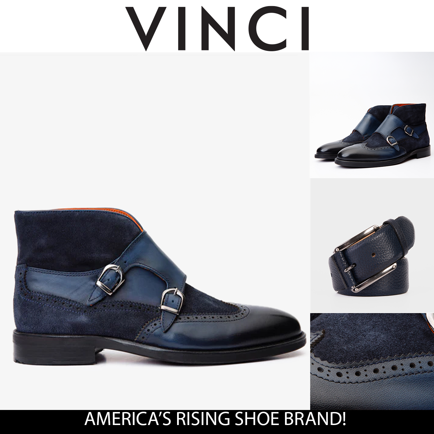 The Albus Navy Blue Leather Suede Double Strap Monk Brogue Boot - Vinci Leather