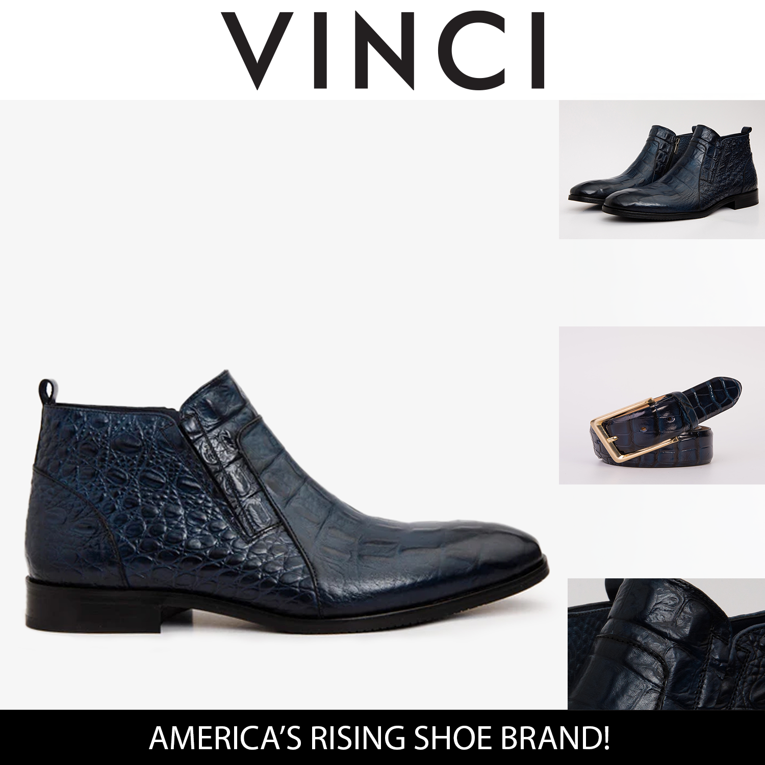 The Randor Navy Blue Crocodile Leather Side-Zip Dress Ankle Boot - Vinci Leather