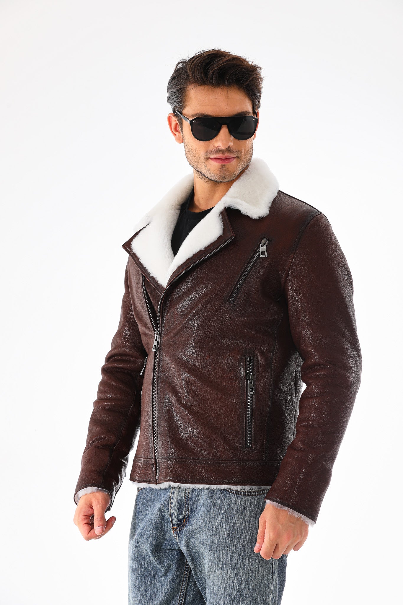 The Cortina Brown White Shearling Leather Jacket - Vinci Leather
