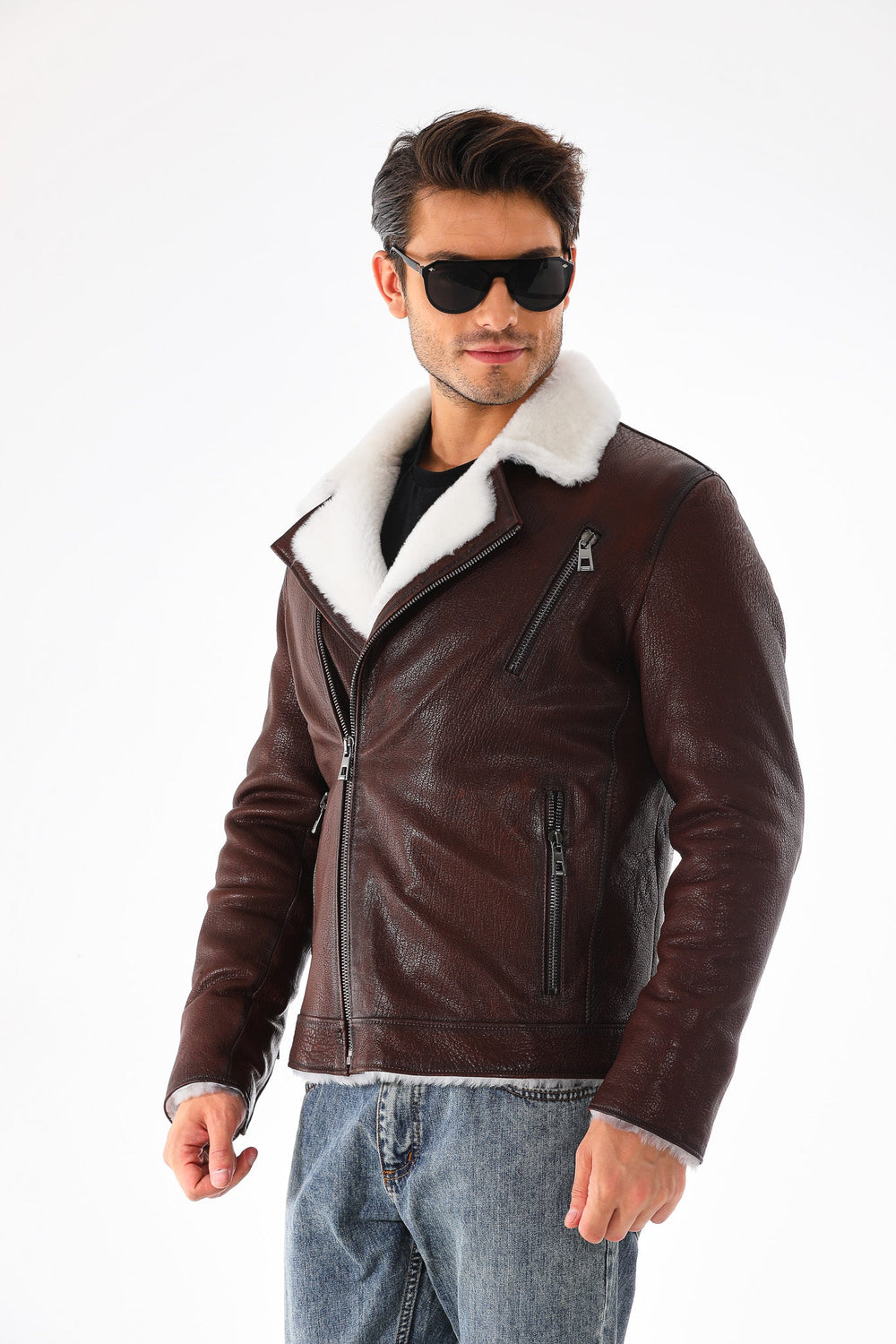 The Cortina Brown White Shearling Leather Jacket - Vinci Leather