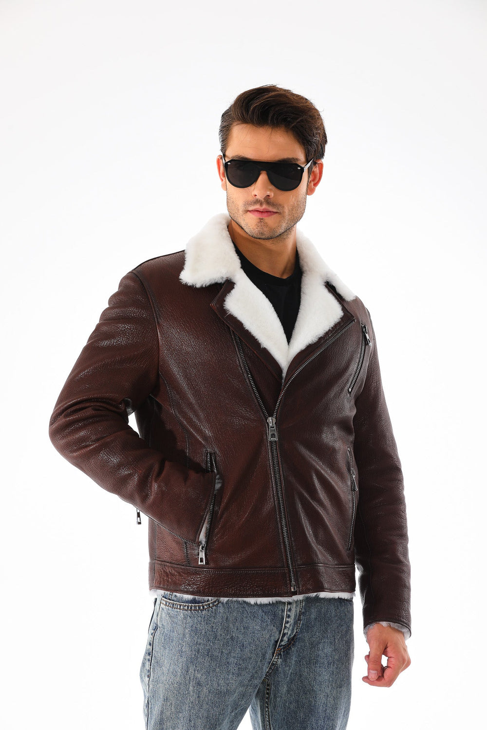 The Cortina Brown White Shearling Leather Jacket - Vinci Leather