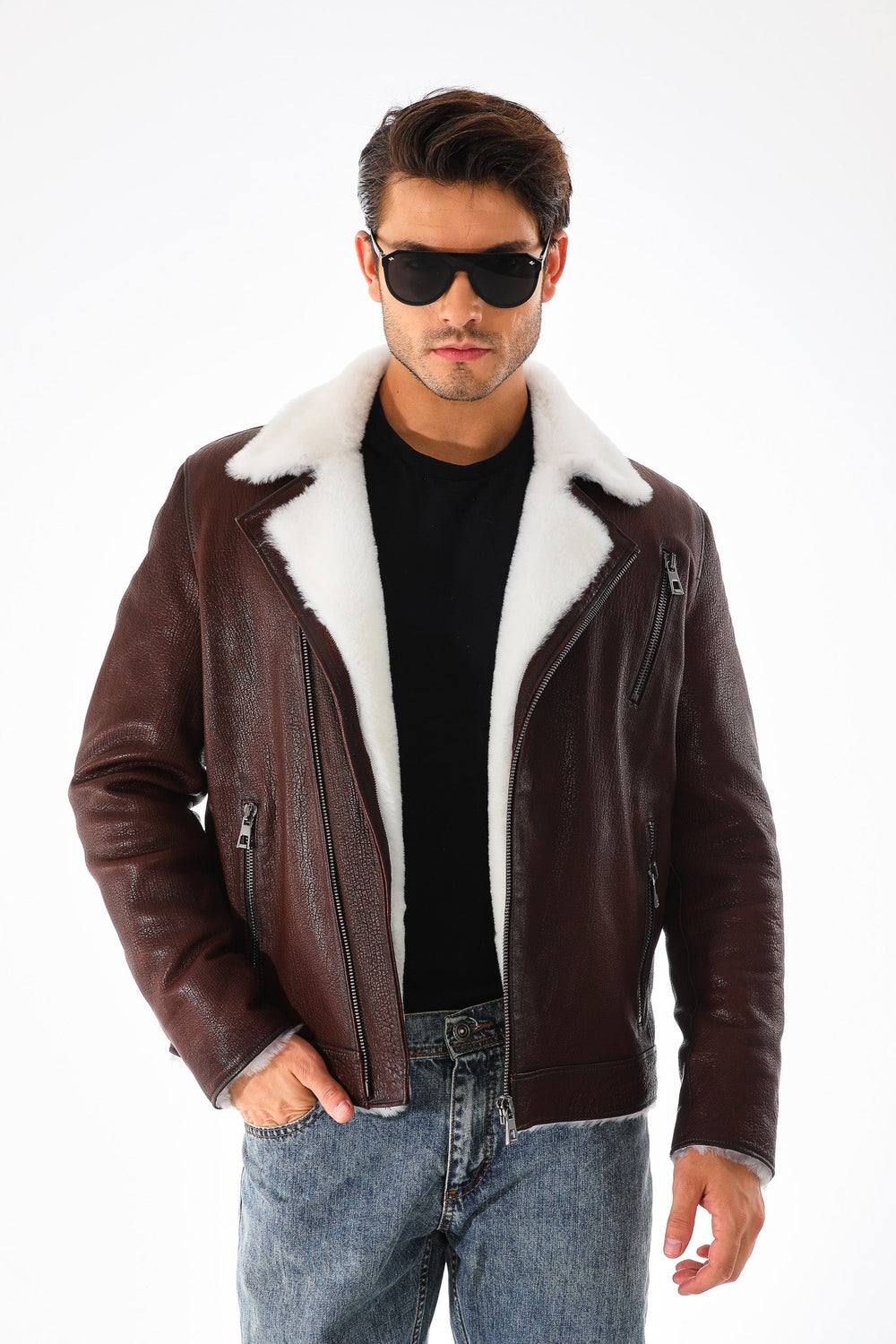 The Cortina Brown White Shearling Leather Jacket - Vinci Leather