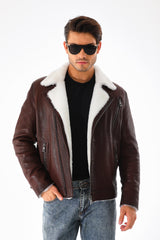 The Cortina Brown White Shearling Leather Jacket - Vinci Leather