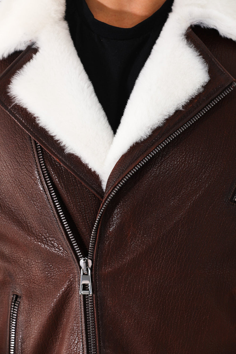 The Cortina Brown White Shearling Leather Jacket - Vinci Leather
