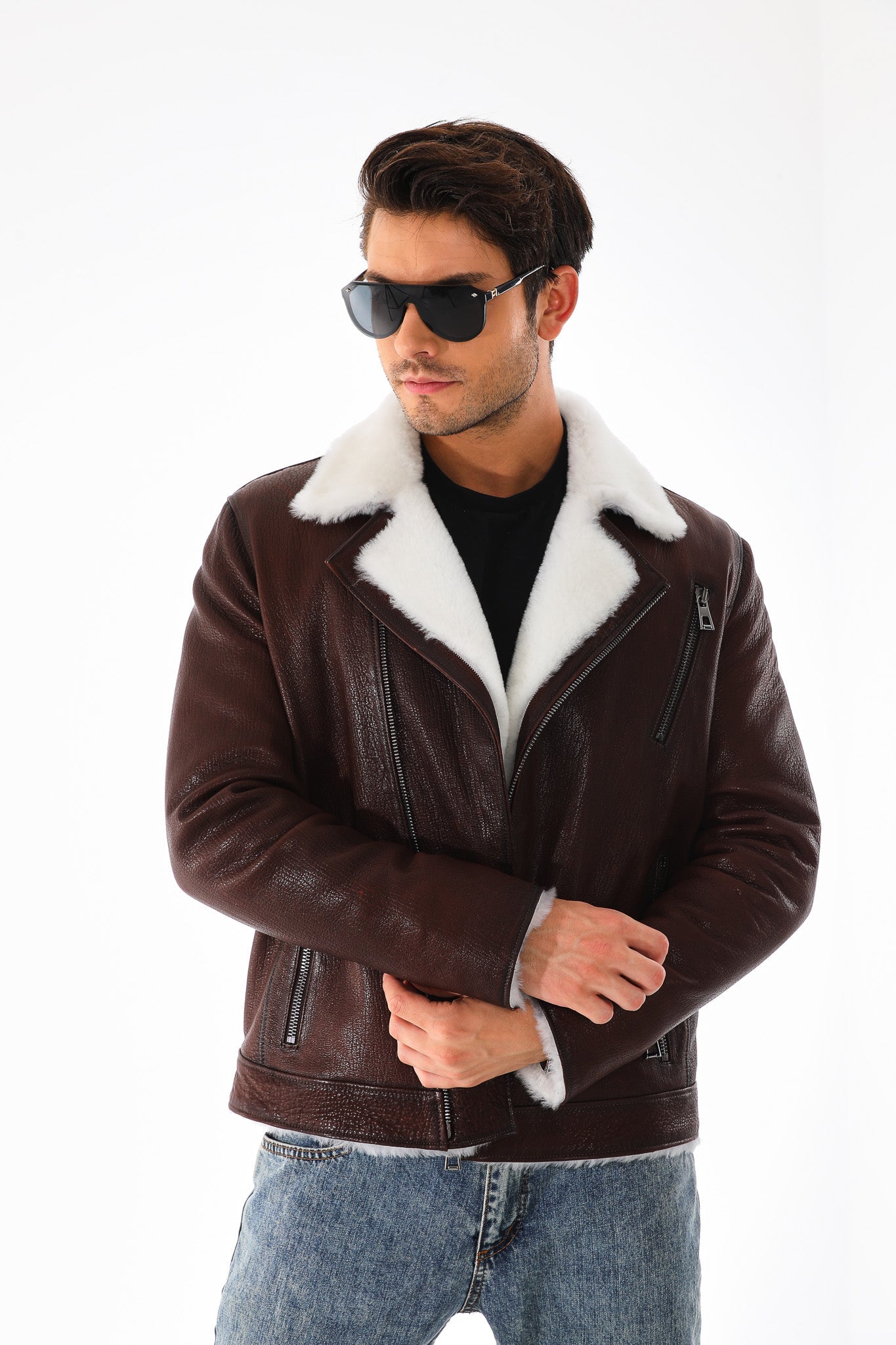 The Cortina Brown White Shearling Leather Jacket - Vinci Leather
