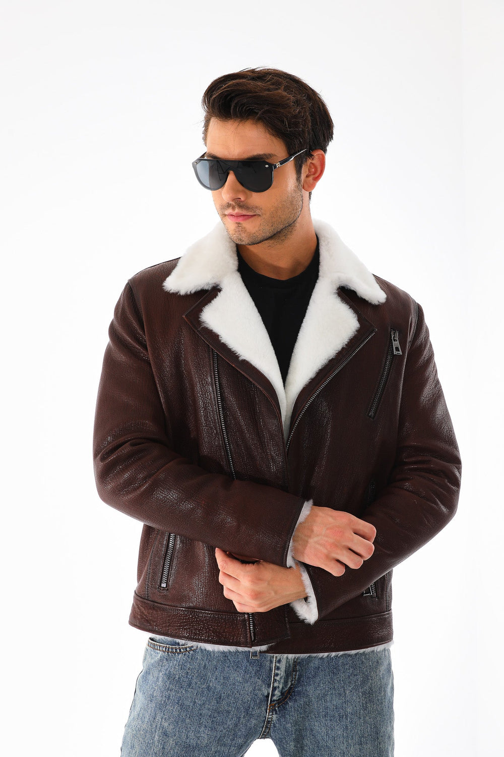 The Cortina Brown White Shearling Leather Jacket - Vinci Leather