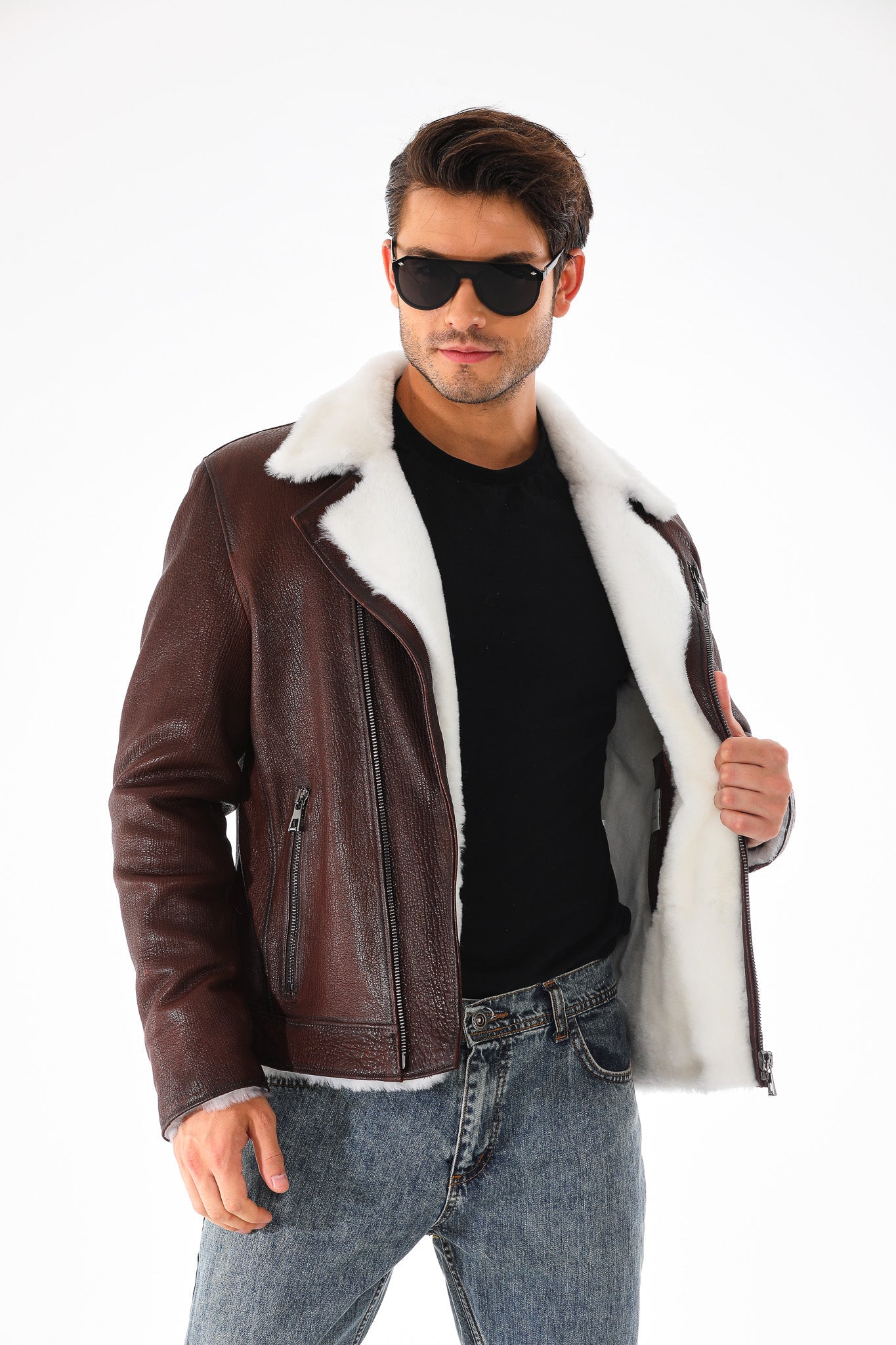 The Cortina Brown White Shearling Leather Jacket - Vinci Leather