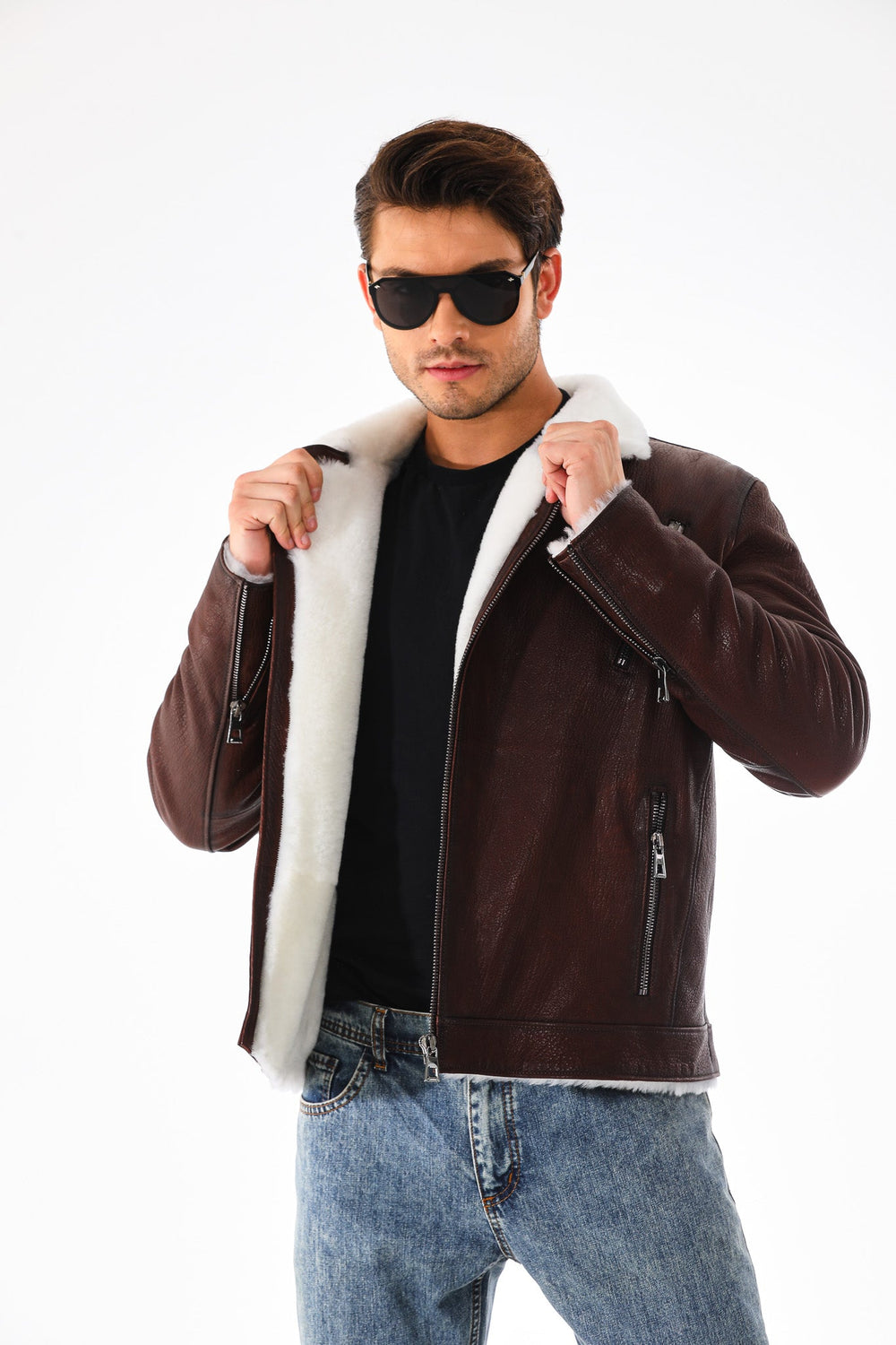 The Cortina Brown White Shearling Leather Jacket - Vinci Leather