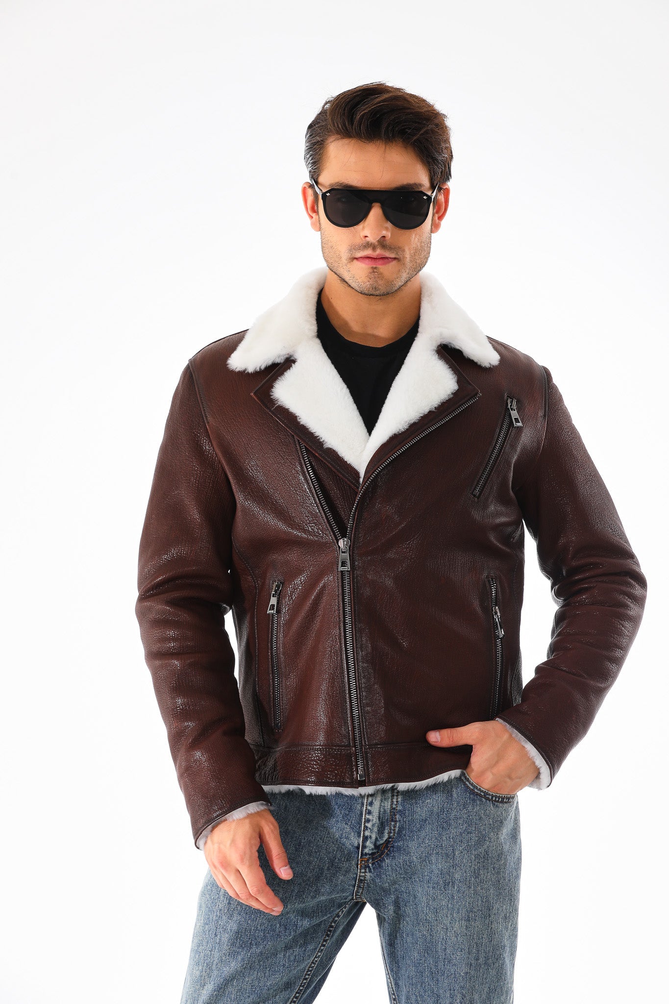 The Cortina Brown White Shearling Leather Jacket - Vinci Leather