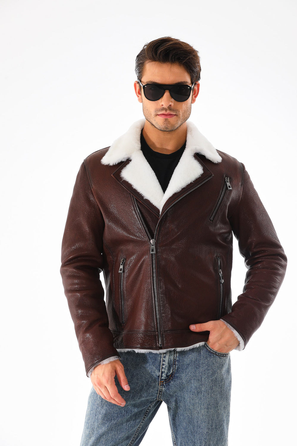 The Cortina Brown White Shearling Leather Jacket - Vinci Leather