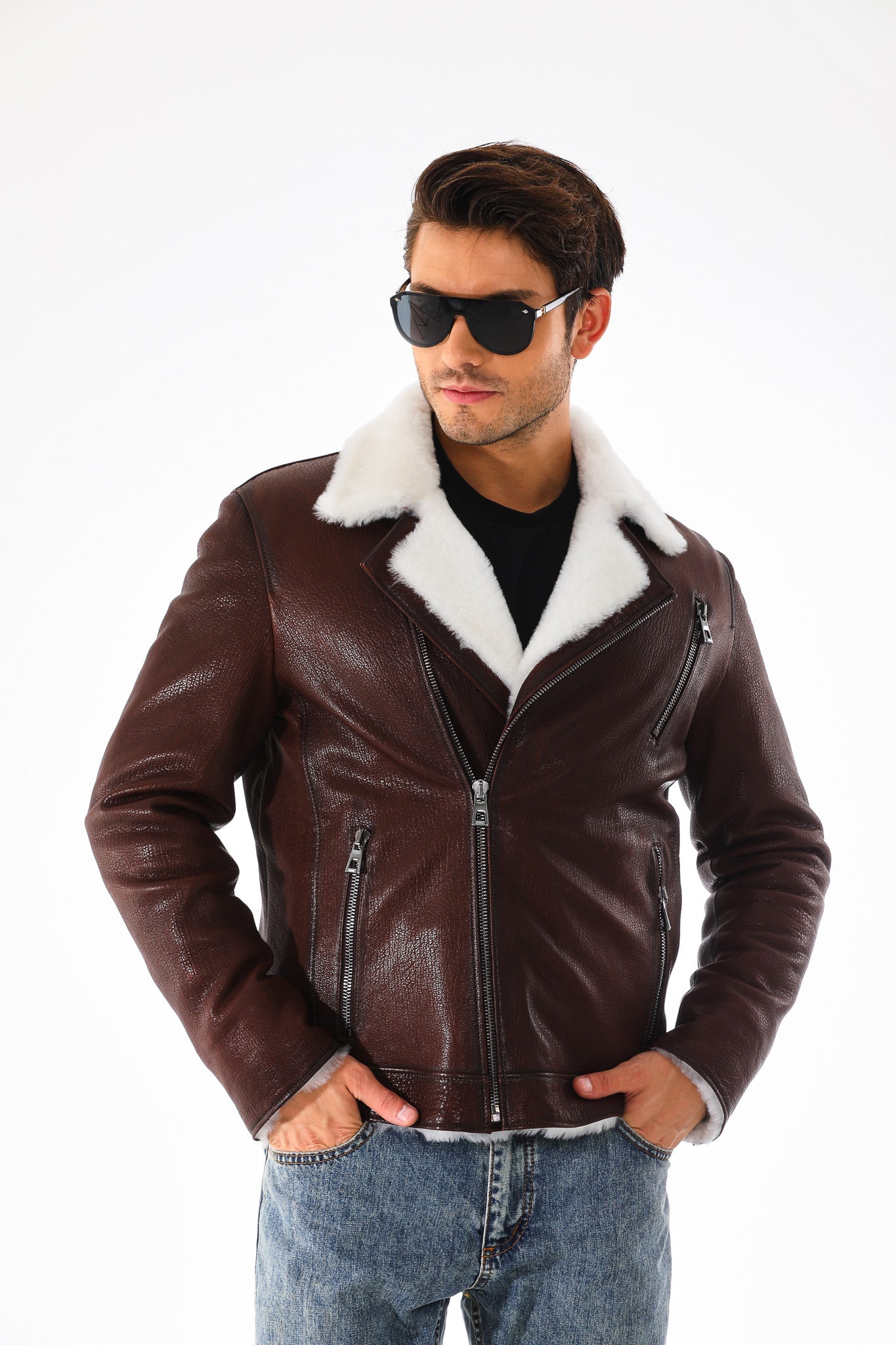 The Cortina Brown White Shearling Leather Jacket - Vinci Leather