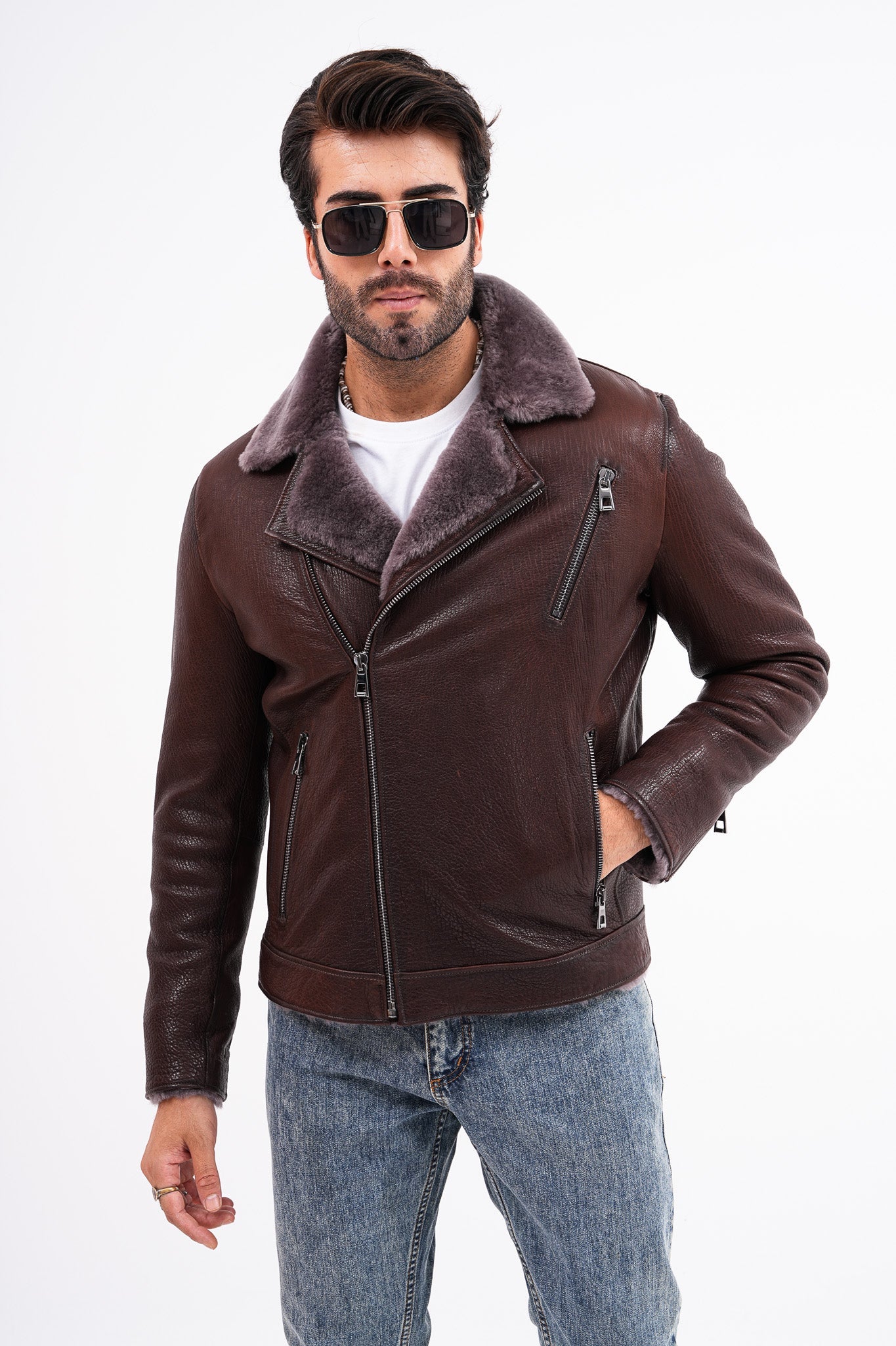 The Cortina Brown Shearling Leather Jacket - Vinci Leather