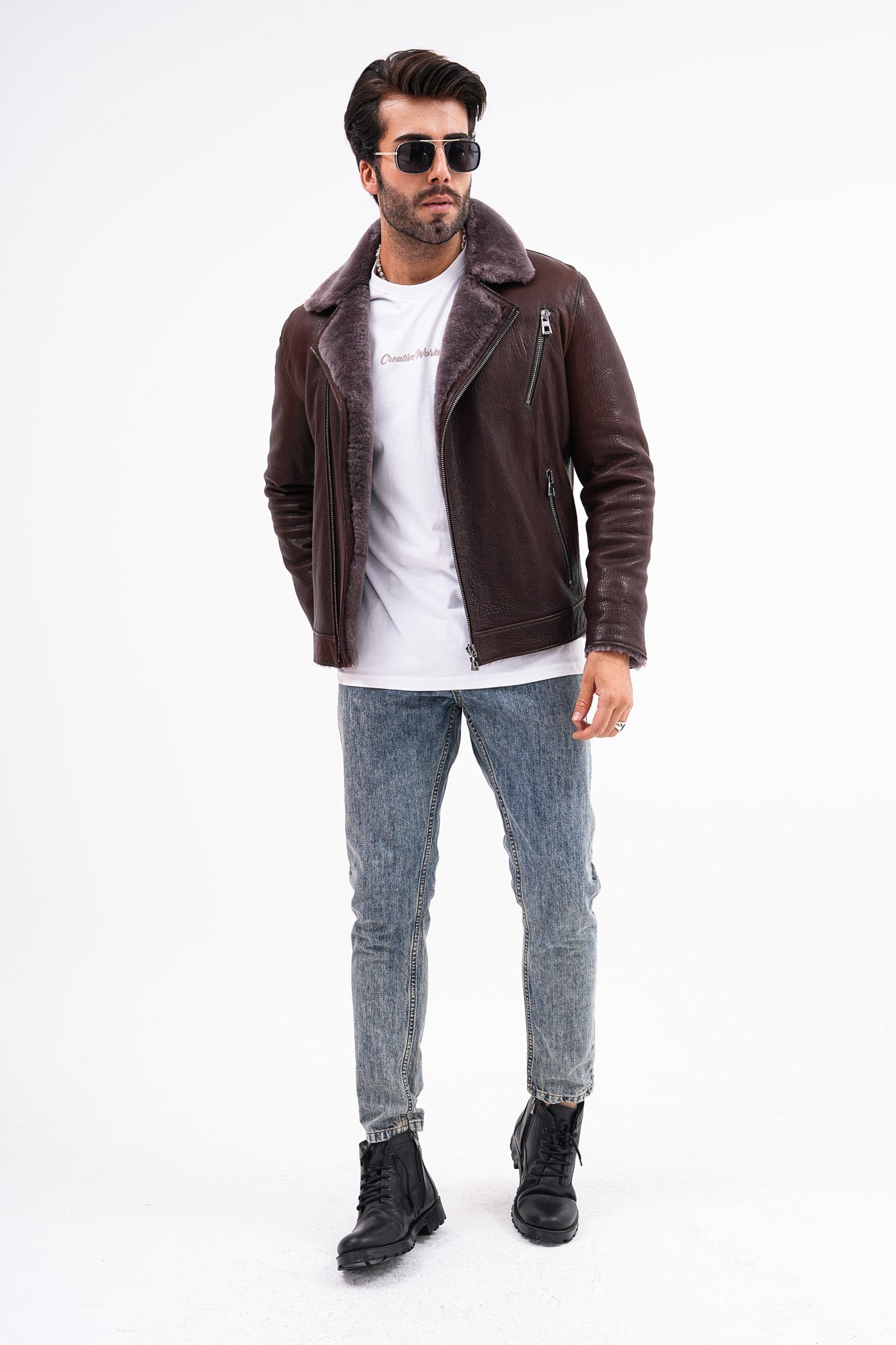 The Cortina Brown Shearling Leather Jacket - Vinci Leather