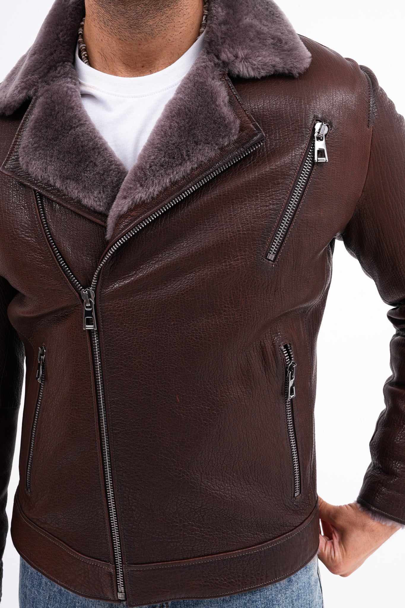 The Cortina Brown Shearling Leather Jacket - Vinci Leather