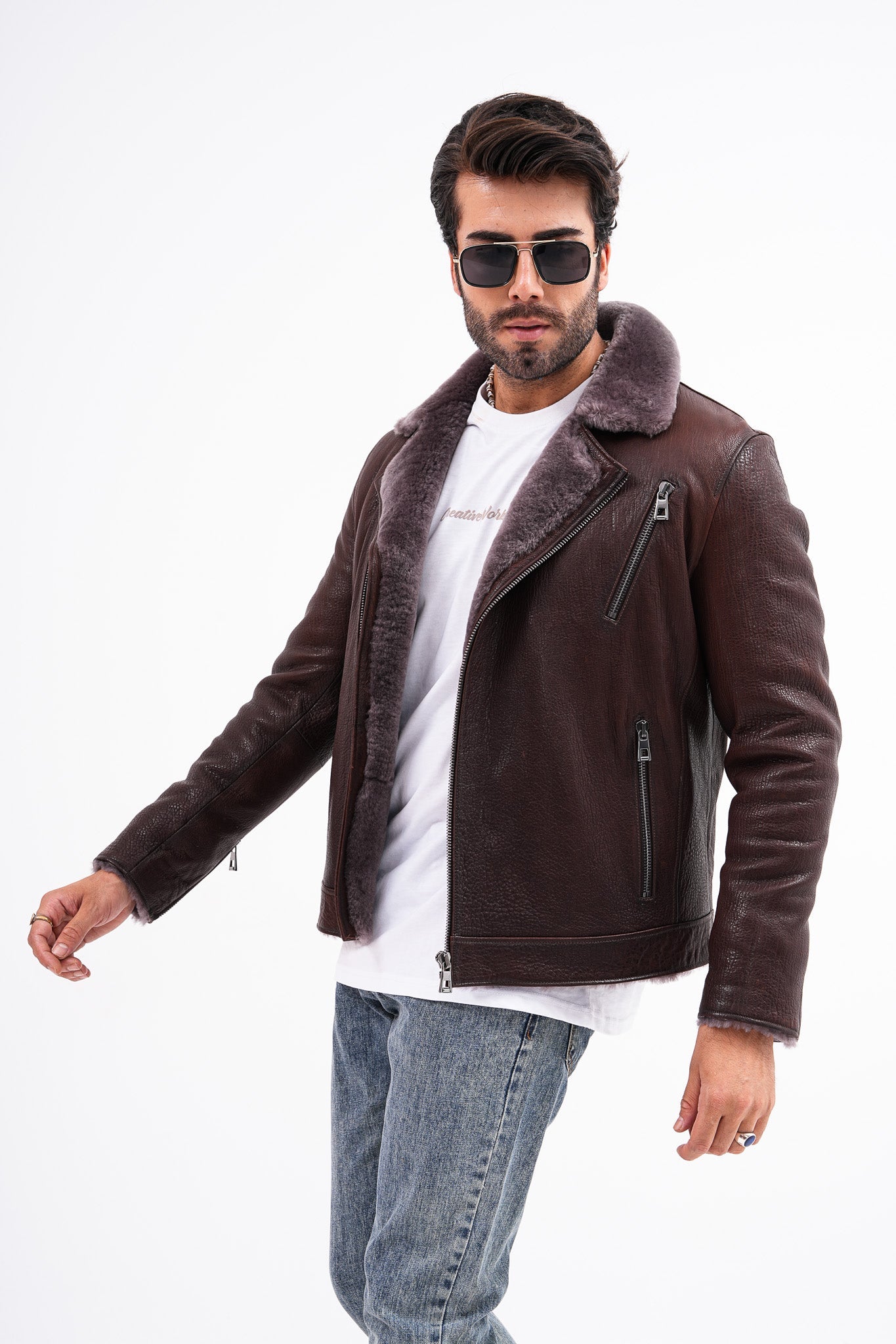 The Cortina Brown Shearling Leather Jacket - Vinci Leather