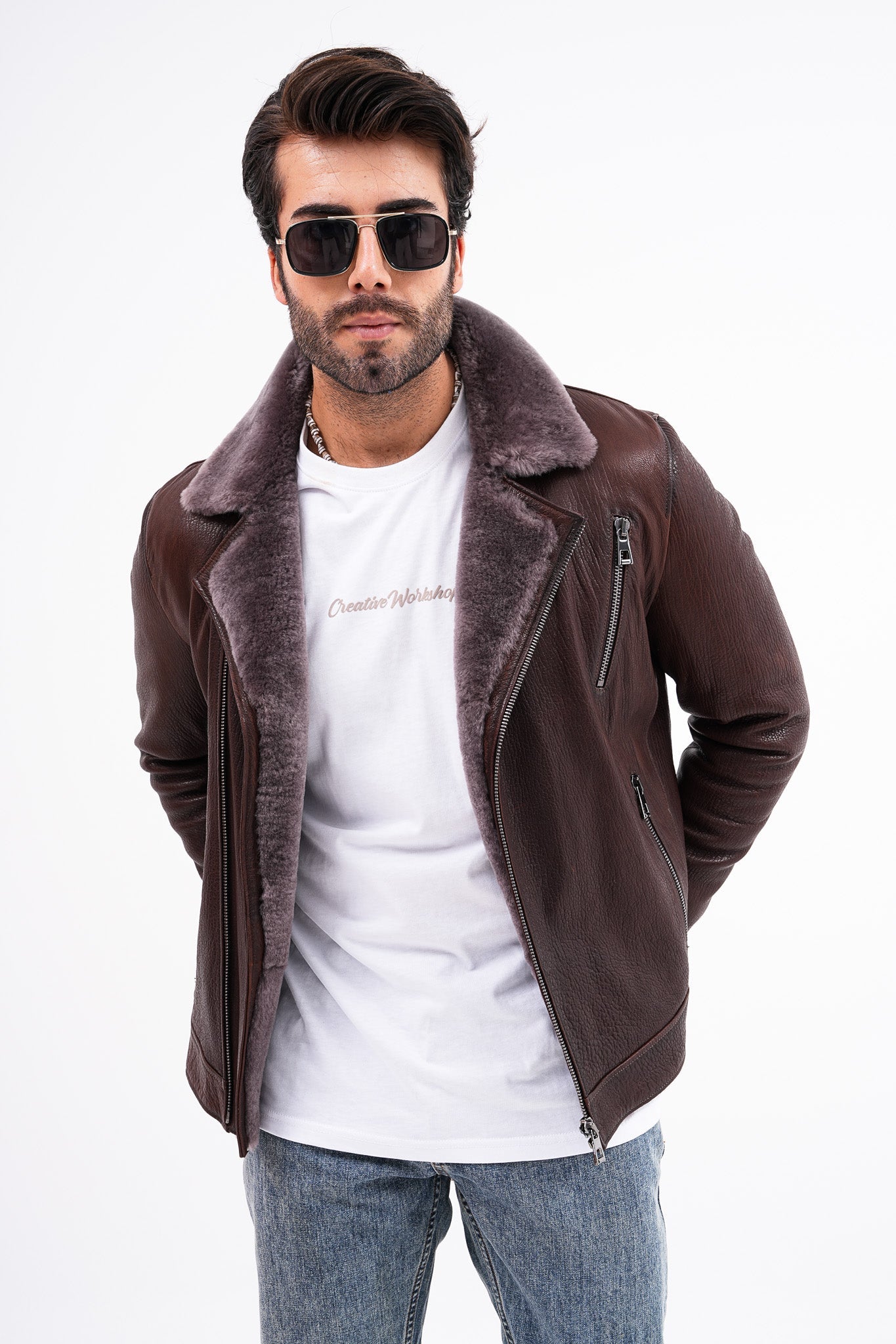 The Cortina Brown Shearling Leather Jacket - Vinci Leather