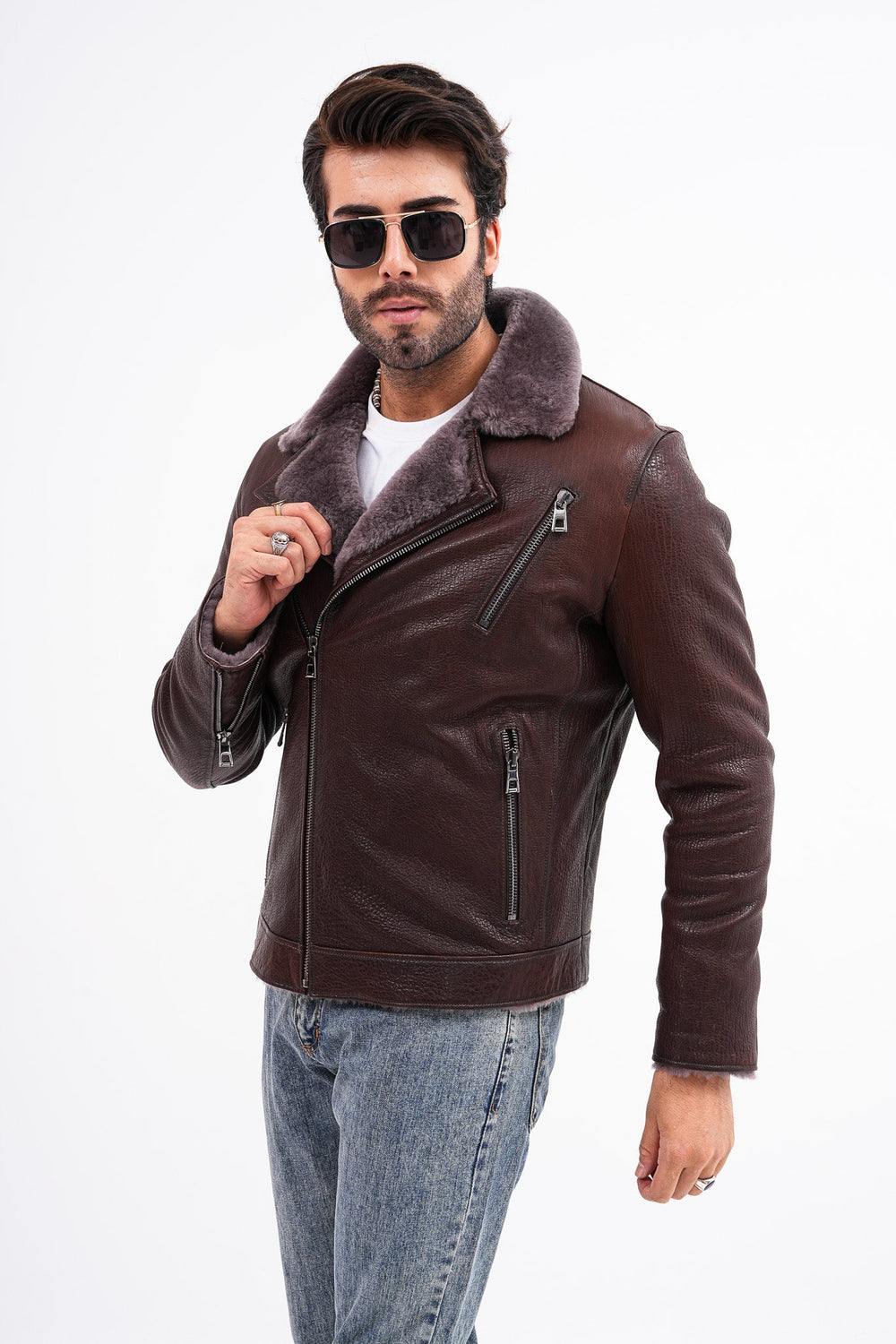 The Cortina Brown Shearling Leather Jacket - Vinci Leather