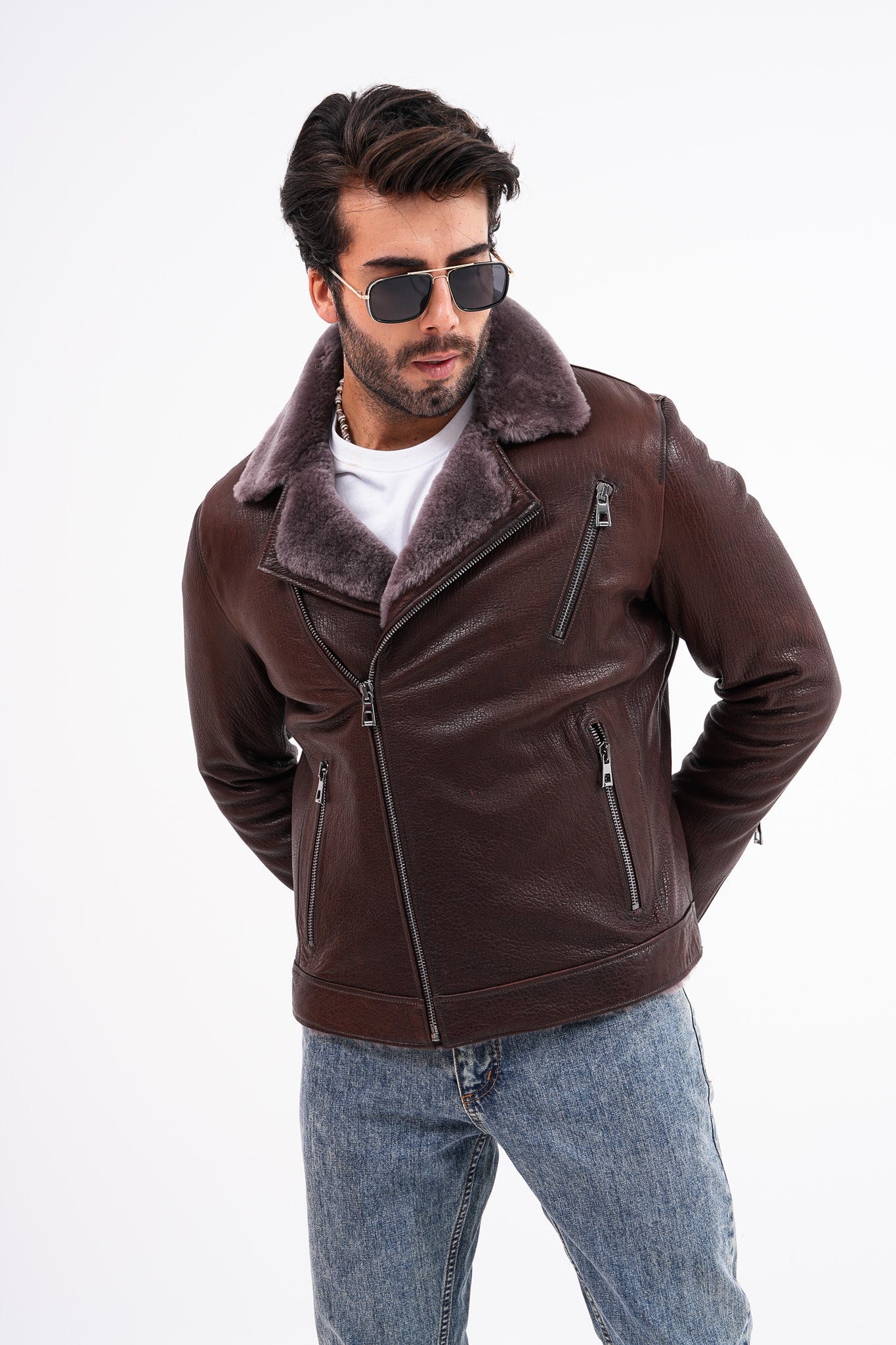 The Cortina Brown Shearling Leather Jacket - Vinci Leather