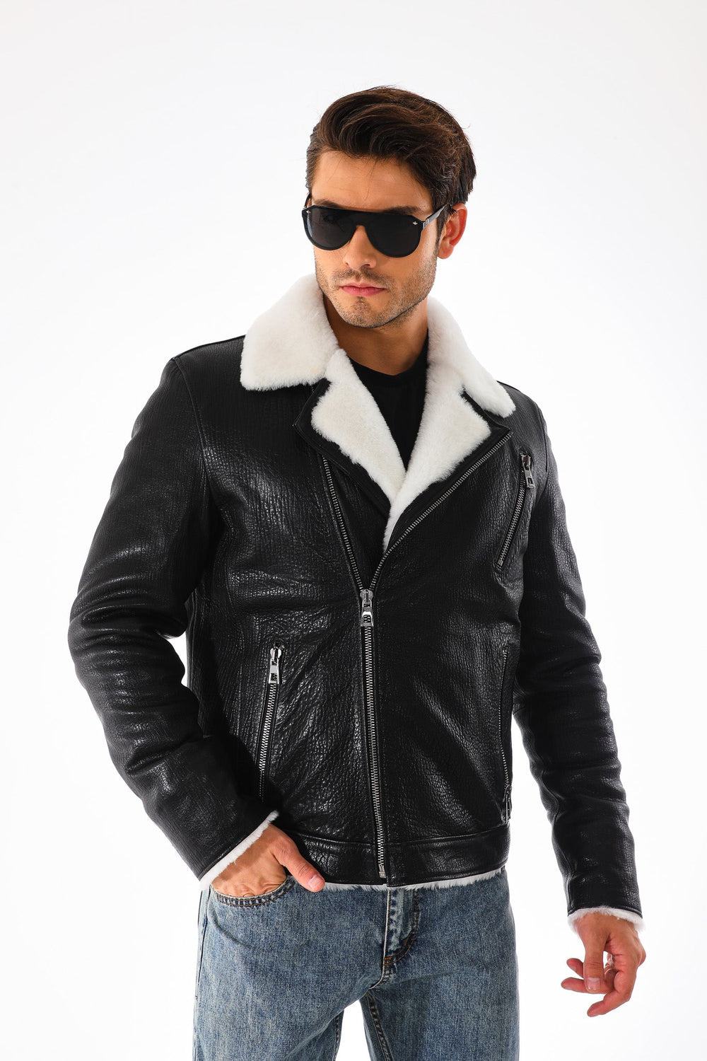 The Cortina Black Shearling Leather Jacket - Vinci Leather