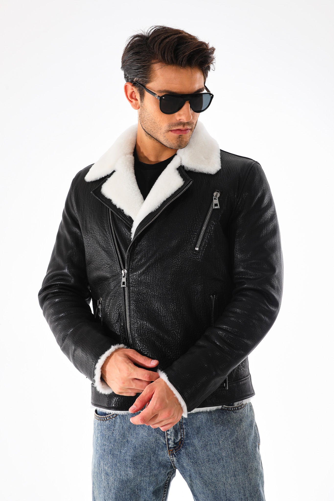 The Cortina Black Shearling Leather Jacket - Vinci Leather
