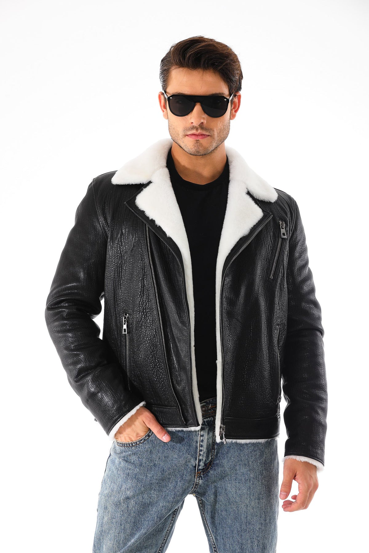 The Cortina Black Shearling Leather Jacket - Vinci Leather