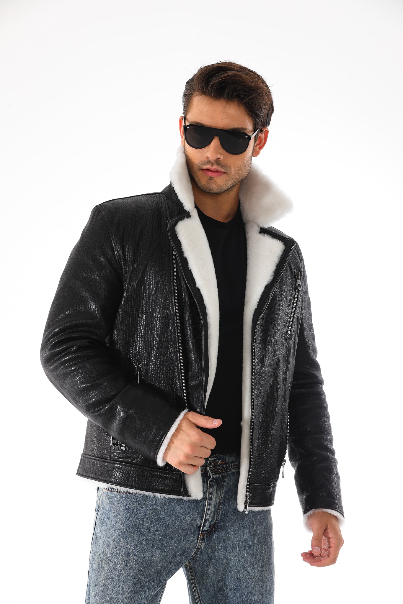 The Cortina Black Shearling Leather Jacket - Vinci Leather