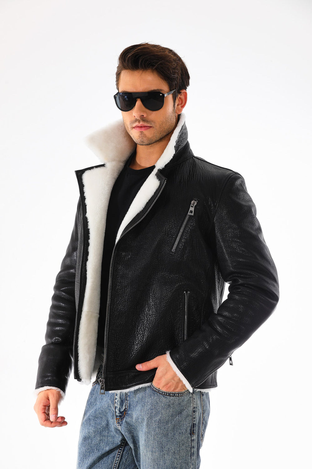 The Cortina Black Shearling Leather Jacket - Vinci Leather