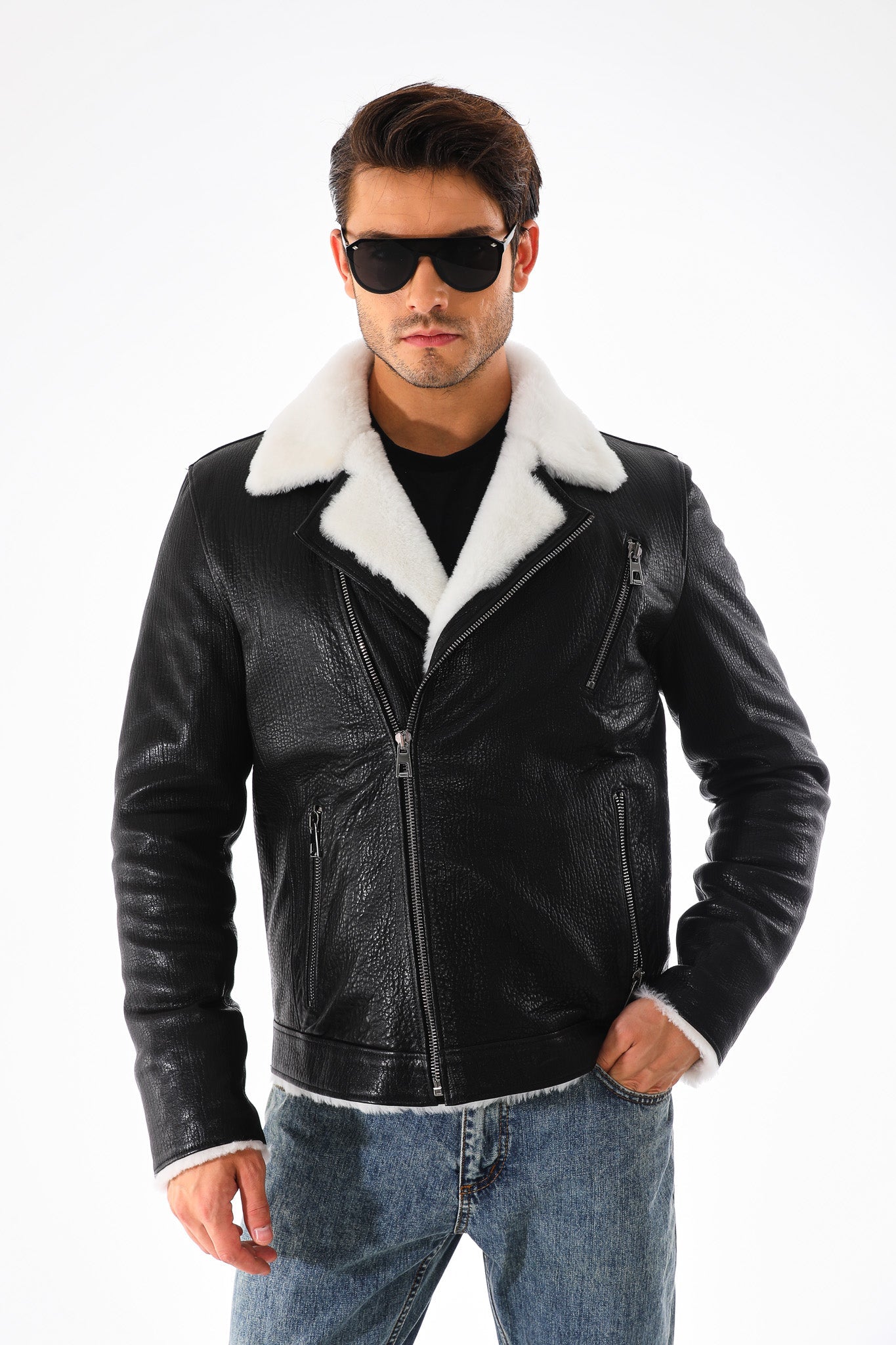 The Cortina Black Shearling Leather Jacket - Vinci Leather