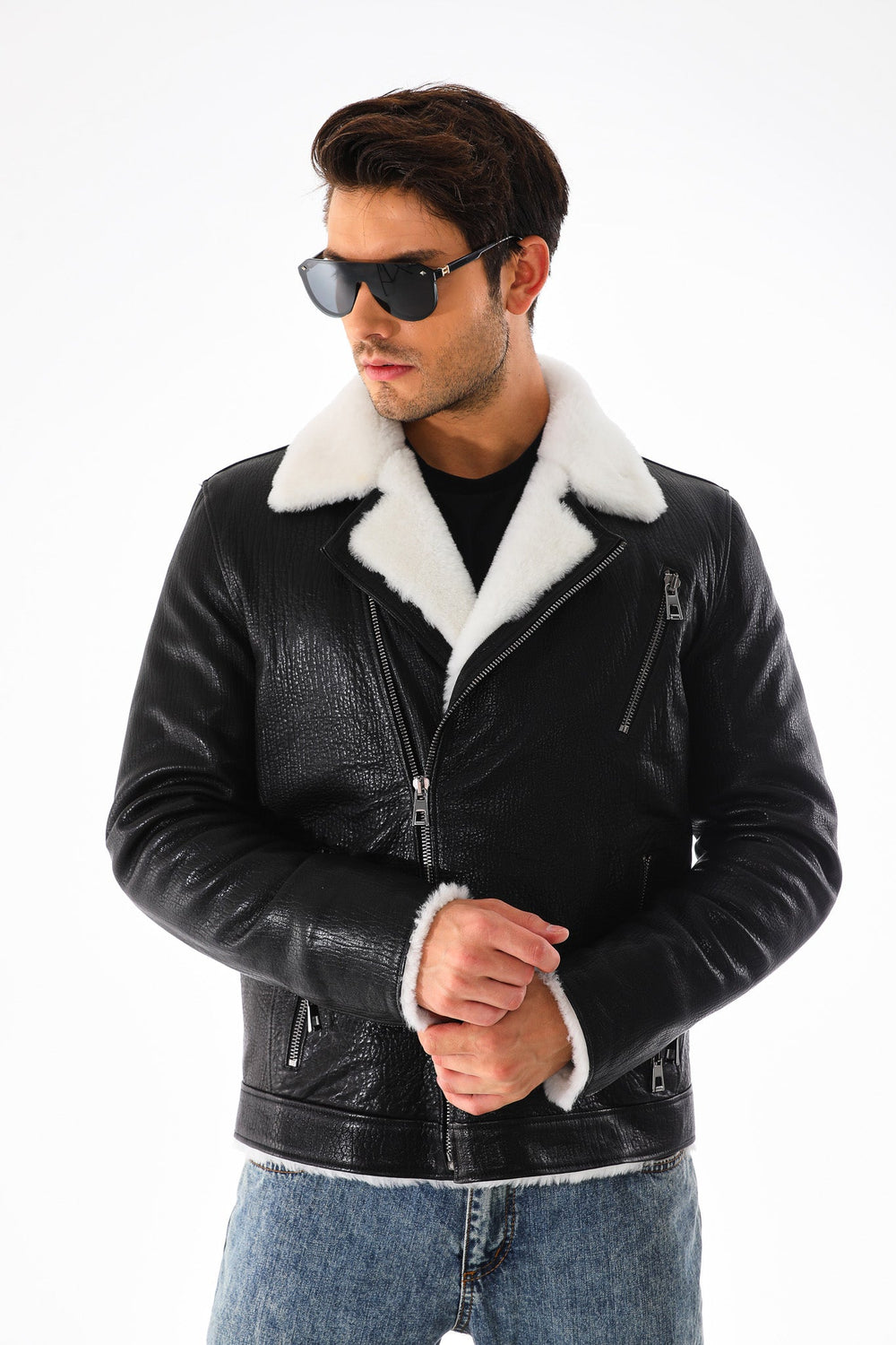The Cortina Black Shearling Leather Jacket - Vinci Leather